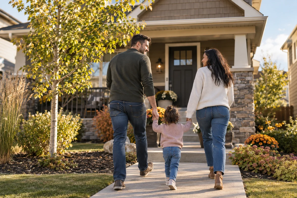 A family walking together toward the front door of a suburban home.