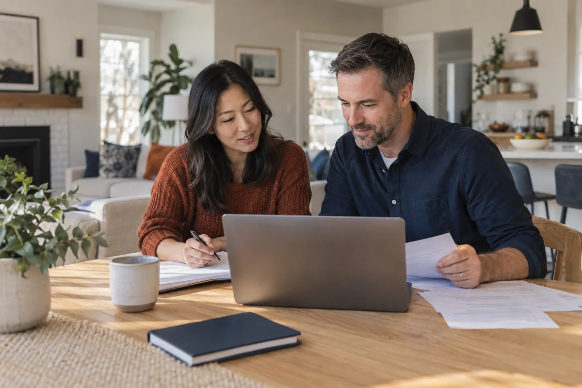 A couple reviewing household paperwork and mortgage options together.
